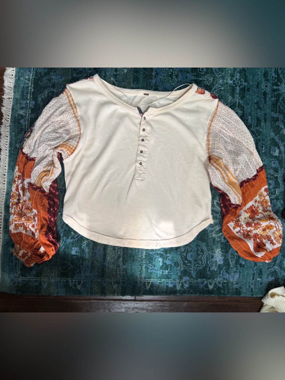 Free People Cream Henley Top with Rust and Maroon Patchwork Sleeves